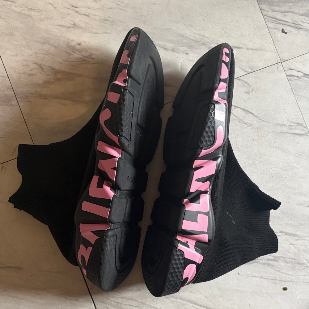 Balenciaga Black Sock-Style Sneakers with Pink Logo Detail